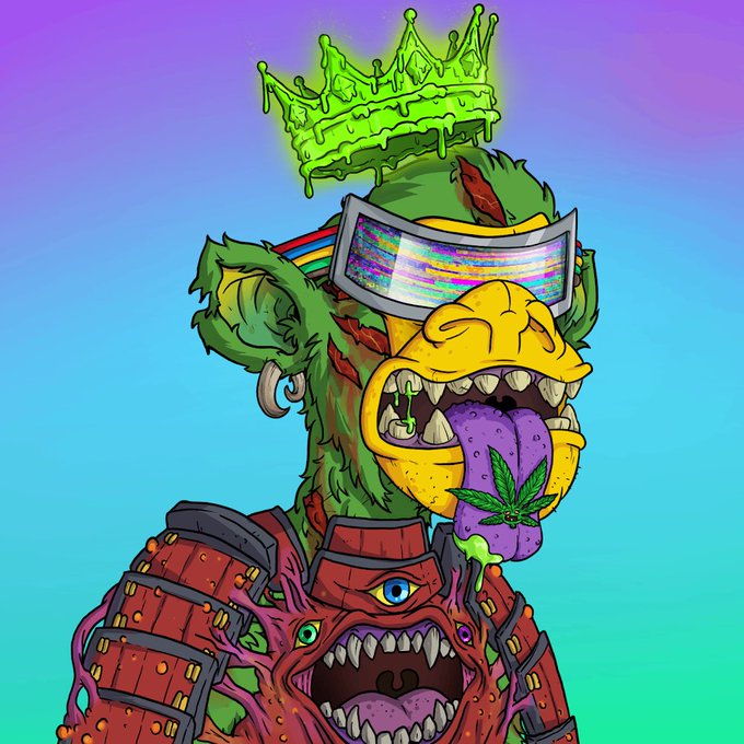 The image features a cartoon monkey wearing a green crown, with its mouth open wide as if it's speaking or making a funny face. The background of the image has a gradient color scheme that transitions from purple at the top to blue at the bottom. There is also text in the image that reads "Another day another @MutantsOnSol saved!".