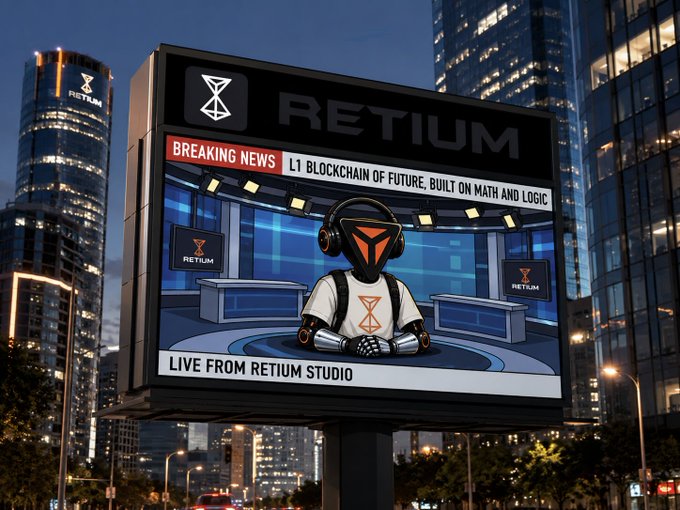 A billboard in a cityscape displays 'RETIUM' with the tagline 'L1 BLOCKCHAIN OF FUTURE, BUILT ON MATH AND LOGIC', featuring a robotic figure broadcasting 'LIVE FROM RETIUM STUDIO'.