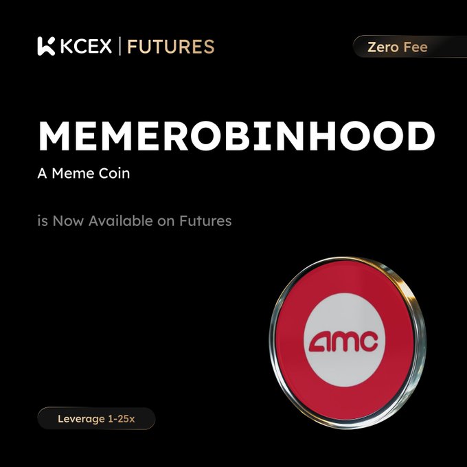 Promotional banner for KCEX Futures announcing the listing of 'MEMEROBINHOOD' (AMCoin), a meme coin available for futures trading with zero fees and 1-25x leverage.