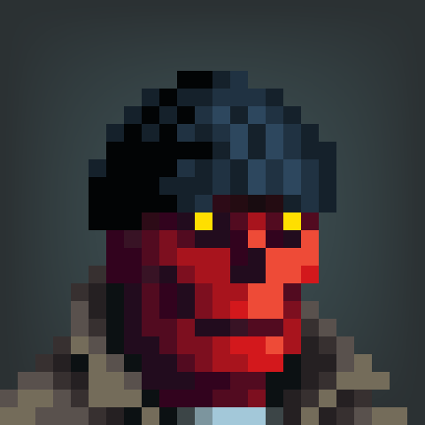 A pixel art portrait of a red-skinned figure with yellow glowing eyes and a dark cap, rendered in a low-resolution retro video game style. The image visually represents the "collecting pixels" theme of the post, showcasing the kind of understated, anonymous digital artwork that the curator @GenuinelyUndead specializes in—valuing artistic merit over creator recognition.