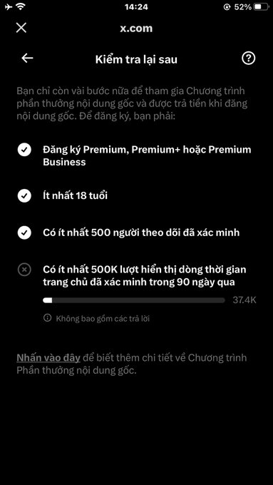 A mobile screenshot of x.com showing a 'Kiểm tra lại sau' (Check back later) page in Vietnamese for ad revenue sharing, listing requirements including Premium subscription, being at least 18, having at least 500 verified followers, and 500K verified impressions in the last 90 days (currently at 37.4K).