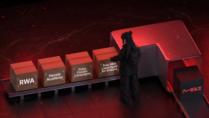 An anime-style illustration shows a dark-haired character in black clothing standing next to cardboard boxes labeled 'RWA', 'Hazels Academy', 'Pulse Creator Campaigns', and 'Free Mint Launchpad for Stakers', with a black box displaying Japanese text 'ハゼルズ' on the right.