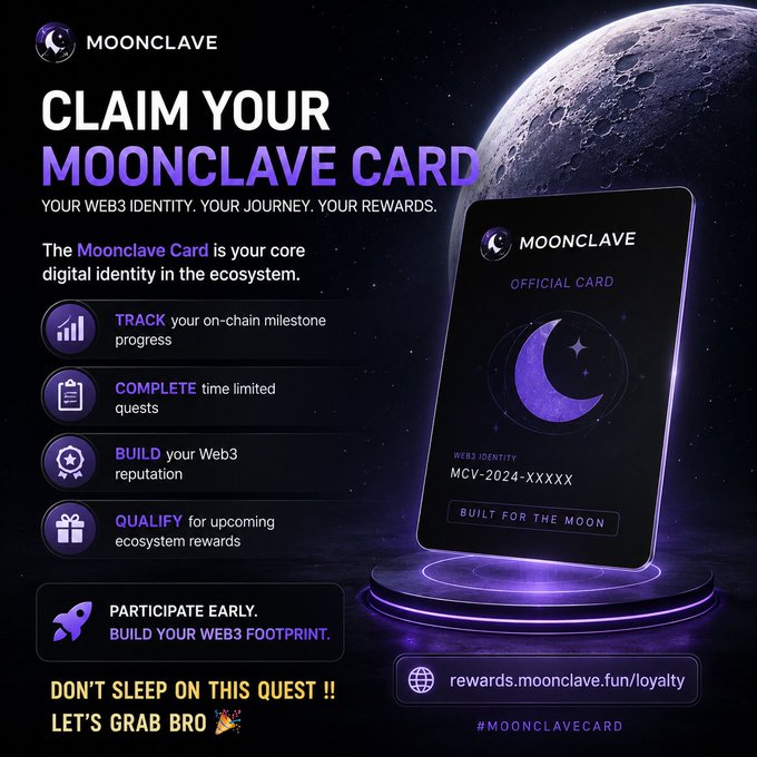 A 'Moonclave' promotional poster urging users to 'Claim Your Moonclave Card' for their Web3 digital identity, featuring benefits like tracking milestones, completing quests, and building reputation, with a link to rewards.moonclave.fun/loyalty.