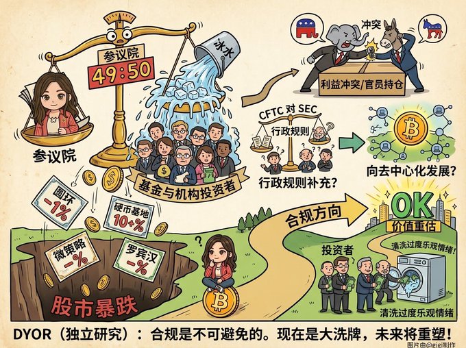 A complex infographic in Chinese analyzing cryptocurrency regulation, showing a scale at '49:50', references to CFTC for SEC, market crashes labeled '股市暴跌', and the text '合规方向' (compliance direction) with 'DYOR (独立研究)' at the bottom.