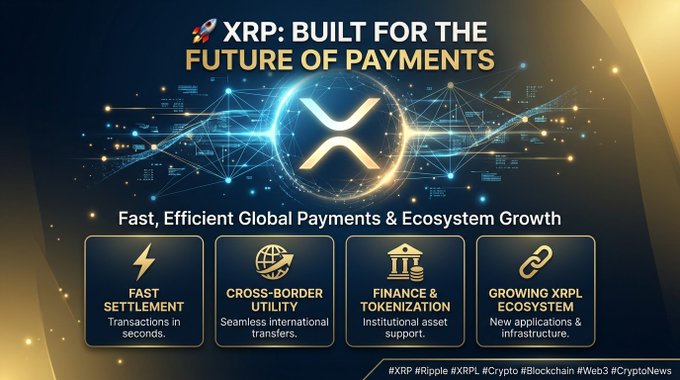 A promotional graphic for XRP cryptocurrency reading 'XRP: BUILT FOR THE FUTURE OF PAYMENTS' and 'Fast, Efficient Global Payments & Ecosystem Growth,' listing features: Fast Settlement, Cross-Border Utility, Finance & Tokenization, and Growing XRPL Ecosystem, with hashtags #XRP #Ripple #XRPL.