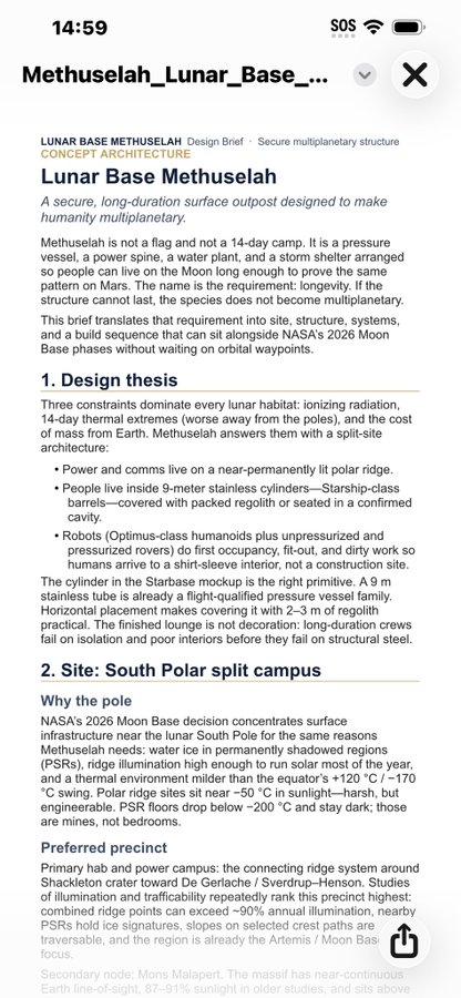 Mobile screenshot of a design brief titled 'Lunar Base Methuselah' detailing a concept architecture for a secure, long-duration surface outpost on the Moon designed to make humanity multiplanetary.