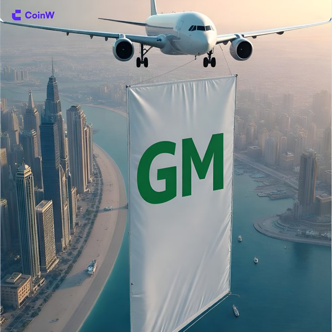 A promotional image showing an airplane towing a large white banner with green 'GM' text over a coastal city skyline, with a 'CoinW' logo in the upper left corner.