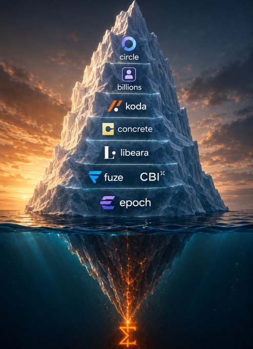 A graphic showing an iceberg floating in water with logos of various financial platforms (Circle, Billions, Koda, Concrete, Libeara, Fuze, CBI, Epoch) arranged vertically on the visible portion, while a glowing 'Z' symbol burns beneath the waterline.
