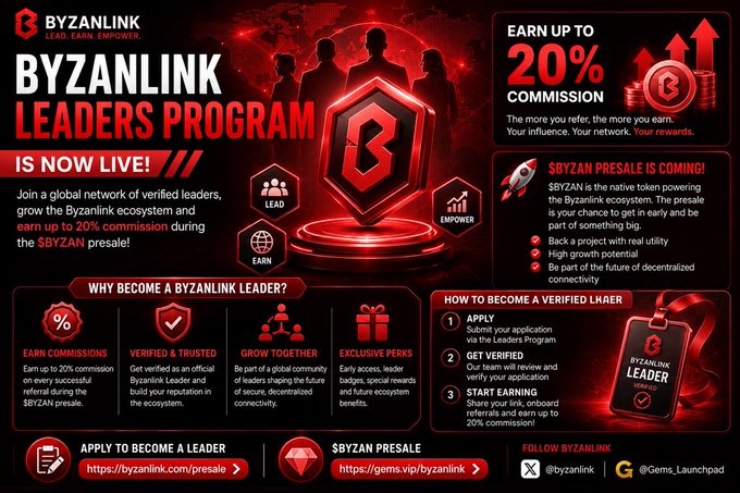 The image features a poster for a new program called "Byzanlink Leaders Program" by @byzanlink. The poster has a red background with white text that reads "Byzanlink Leaders Program", and there are several icons representing different aspects of the program, such as a rocket ship, a person holding a trophy, and a gift bag. The poster also includes a list of benefits for joining the program, which highlights its focus on community building rather than traditional marketing methods.