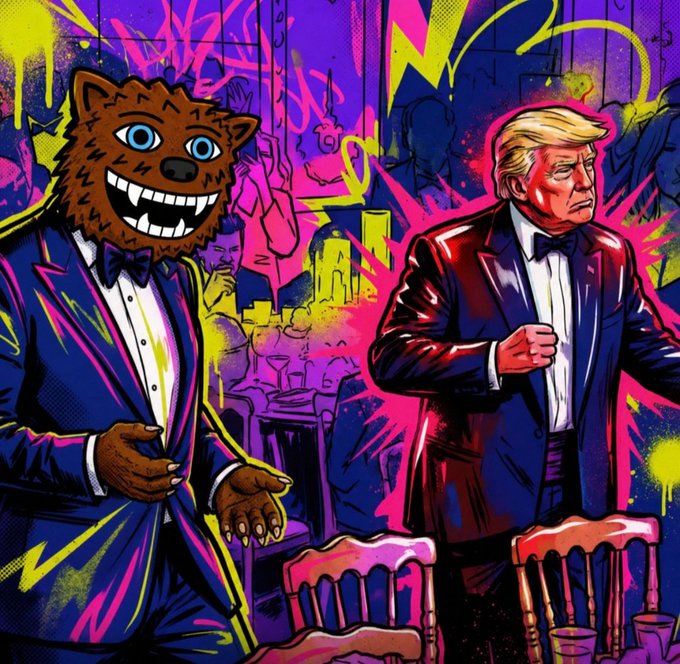 A vibrant pop-art illustration of a smiling brown furry wolf character in a tuxedo standing next to a serious Donald Trump in a tuxedo, set against a neon-colored party background.