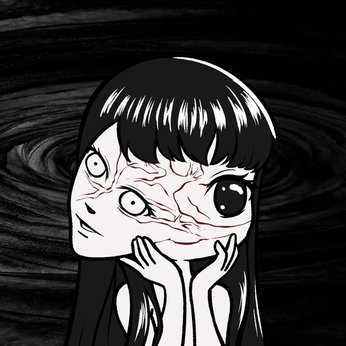 Black and white horror-style anime illustration of a girl with a distorted face featuring multiple mismatched eyes.