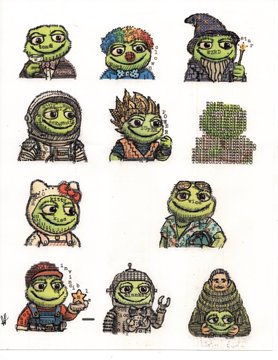 A sheet of pixel-art style stickers featuring multiple variations of Pepe the Frog in various costumes and pixelated designs.