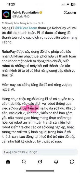 A mobile screenshot of an X.com post from Fabric Foundation (@FabricFND) translated from Vietnamese, discussing Pi Coin being used to build RoboPay, a payment system that will allow AI agents and robots to pay for goods and services across the Fabric network.