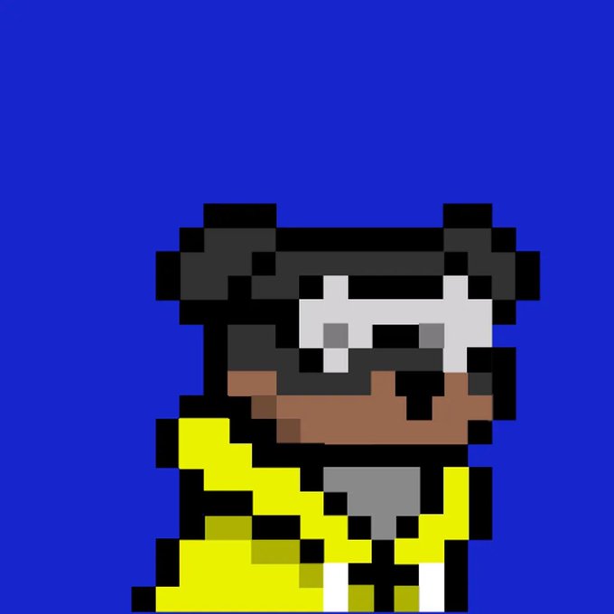 Pixel art of a character with dark skin wearing a yellow and gray outfit with a white headband, set against a solid blue background.