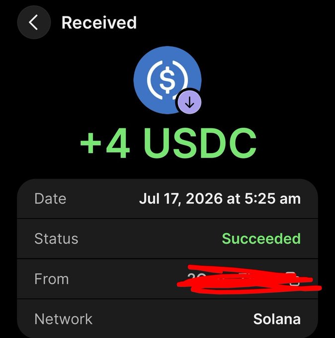 A mobile screenshot confirms the successful receipt of +4 USDC on the Solana network on Jul 17, 2026 at 5:25 am, with the sender's address redacted in red. This small crypto earnings receipt visually backs up the post's "Not big but honest work" claim of modest Web3 gains.