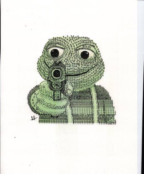 A green-toned typewriter art portrait of an anthropomorphic toad wearing a gun, rendered entirely with the repeated word "TOAD" and accompanied by the text "TYPEWRITER PHYSICAL UNLOCKED" and a "CURRENT BID 4.20 SOL," visually tying the toad-themed typewriter illustration to the listed auction item.