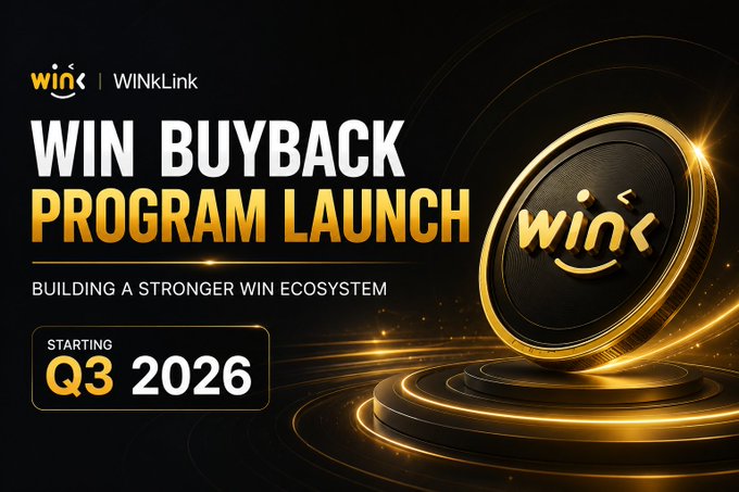 A promotional graphic for the "WINkLink WIN BUYBACK PROGRAM LAUNCH," launching in Q3 2026, with the tagline "BUILDING A STRONGER WIN ECOSYSTEM." The image complements the post by announcing the upcoming buyback initiative, with verifiable on-chain burns expected to begin in mid-October.