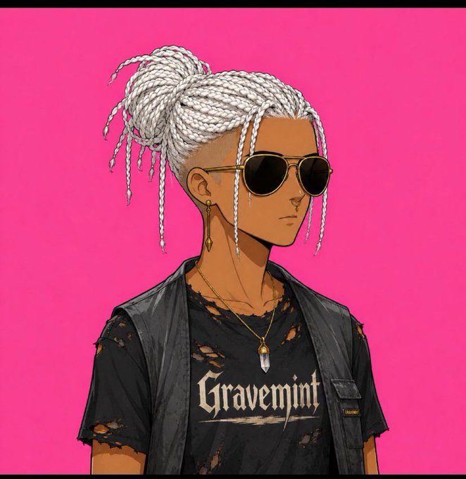 The image features a stylish anime-style character with white braided hair, sunglasses, and a necklace, wearing a "Gravemint" shirt. This aligns with the post's promotion of the @bigeofficialz project, highlighting the benefits of minting, holding, staking, and lending "Gravemint" assets for real-world rewards.