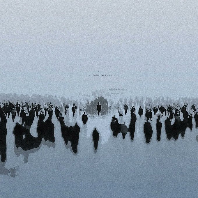 A grayscale, abstract illustration depicting silhouettes of people walking through a misty, dreamlike landscape with fading forms into the distance.