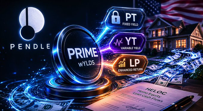 The image features a poster for Pendle, an online marketplace that allows users to invest in real estate projects. The poster includes a graphic of a house with a flag flying above it, symbolizing patriotism. Below the house, there are three different types of investment options displayed on the poster, each represented by a unique icon: a lock, a dollar sign, and a dollar sign with a dollar sign. The text on the poster reads "Pendle just made it possible to lock in a fixed rate on home equity loan cash flows. That sentence alone should make you stop scrolling".