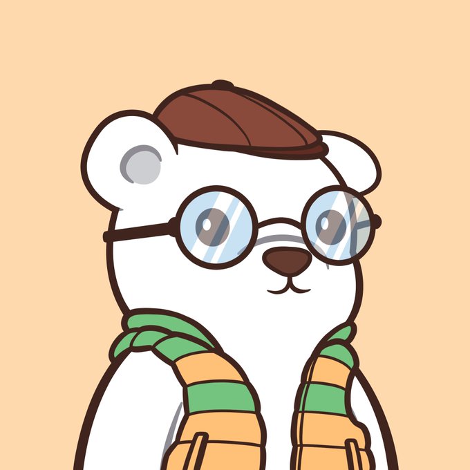 A cartoon white bear wearing round glasses, a brown flat cap, and a green-and-orange striped scarf, matching the "Bearish" NFT avatar referenced in the post about the collection's transition from Abstract to Ethereum.
