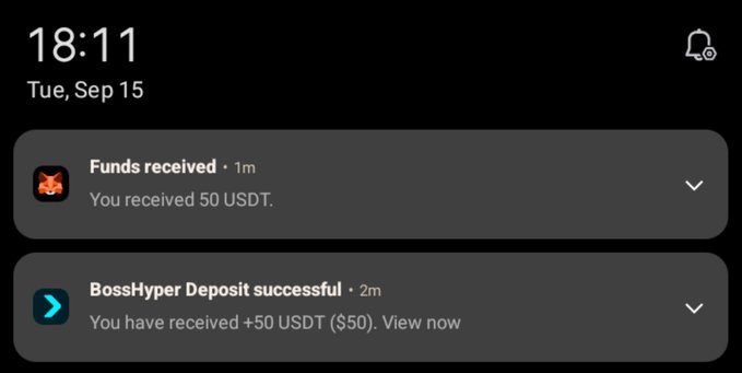 A smartphone notification screen dated Tue, Sep 15 at 18:11 showing two notifications: 'Funds received - 1m: You received 50 USDT' and 'BossHyper Deposit successful - 2m: You have received +50 USDT ($50). View now'.