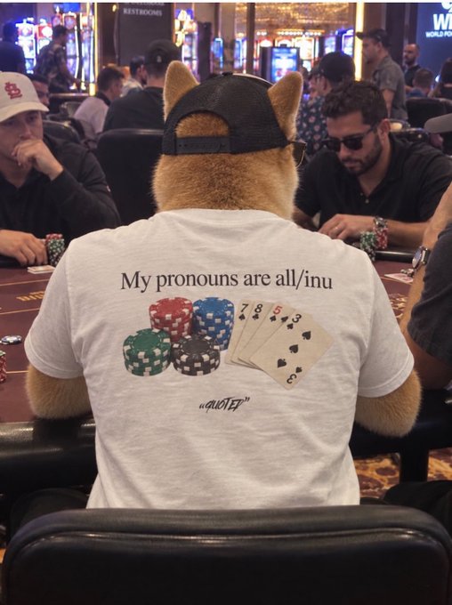 A Shiba Inu dog wearing a backwards cap sits at a casino poker table, with its t-shirt reading "My pronouns are all/inu" alongside poker chips and playing cards (7, 8, 5). The "all/inu" pun cleverly merges poker slang for going all-in with "inu," the Japanese word for dog, fitting the post's "I'M ALLINU" declaration of the mascot's playful poker confidence.