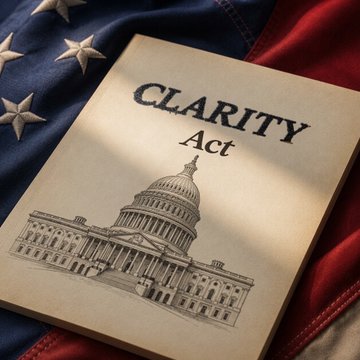 A copy of the "CLARITY Act" featuring an illustration of the U.S. Capitol building rests on an American flag, symbolizing the proposed crypto legislation. The image relates to the post's message about timing the market bottom and positioning for the next altcoin rally, tying regulatory clarity to upcoming market opportunities.