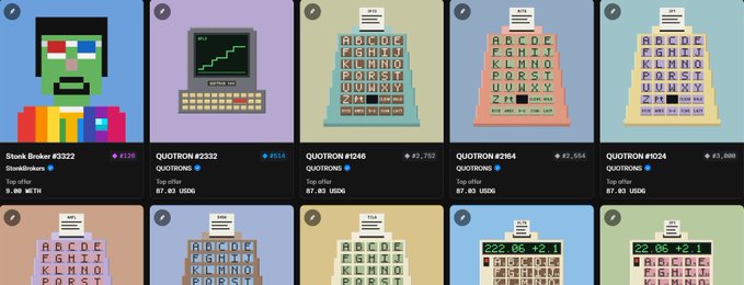 A grid of NFT listings featuring pixel art style images including a 'Skunk Broker #2322' and several 'QUOTRON' series items with top offer prices denominated in WETH and USDC.