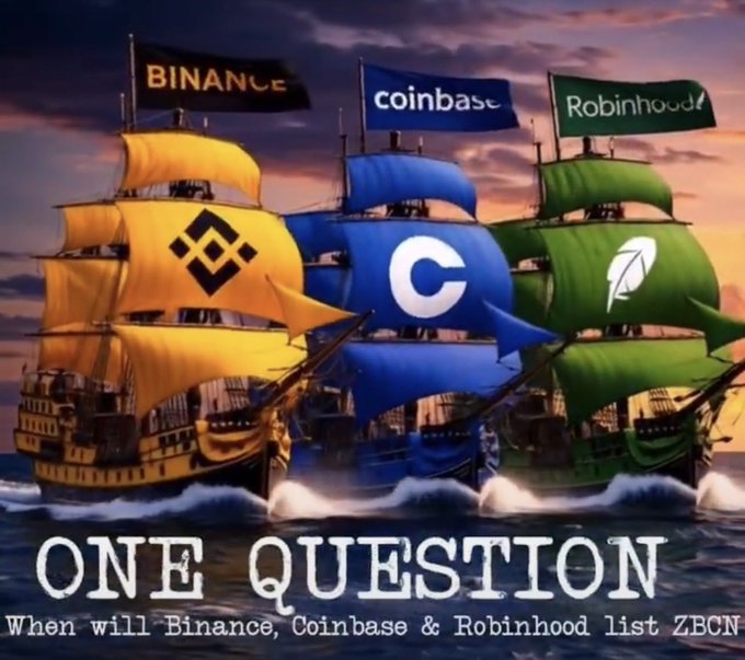 The image features three different ships sailing together in a body of water under a cloudy sky. The ships are adorned with logos for Bitcoin, Coinbase, and Robinhood, indicating that they might be related or associated with these cryptocurrency platforms. The text on the image reads "One Question When will Binance @Coinbase & Robinhood list ZBCN? Zebec is live infrastructure powering real-time payroll, payments & global money flow 24/7." This suggests that there could be a question about the integration of these cryptocurrency platforms into a company's operations or a discussion on their potential impact on the financial industry.