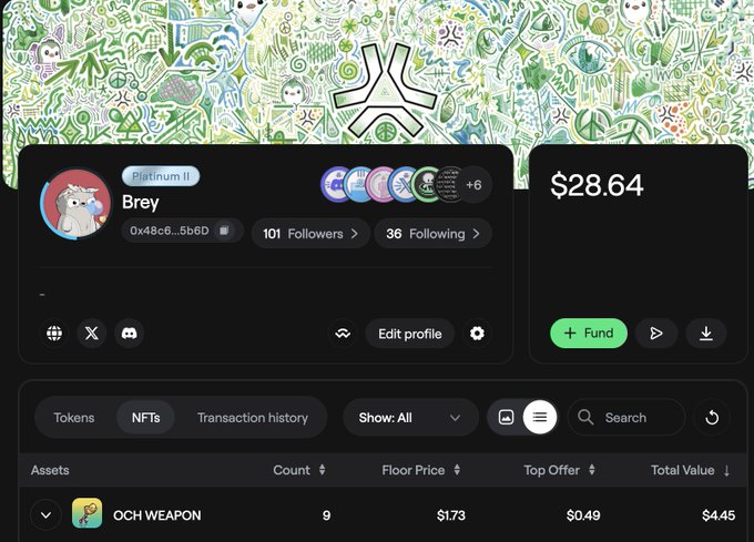 A Web3 profile page for user "Brey" with Platinum II tier and 101 followers displays a balance of $28.64, showing holdings of 9 OCH WEAPON NFTs with a floor price of $1.73 and total value of $4.45. The interface ties directly to the post about returning to Abstract, highlighting the Platinum II rank and OCH NFT assets.