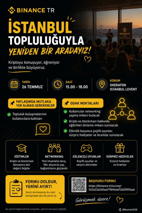The image is a promotional poster for a "Binance TR" community meetup in Istanbul on July 26 (15:00-18:00) at Sheraton Istanbul Levent, emphasizing face-to-face learning about crypto and blockchain through networking, talks, games, and gifts. It ties to the post about valuing in-person meetups for gaining insights that would take months to learn from screens alone, with the poster reinforcing this message by highlighting community meetups as a way to grow together, not just through charts.