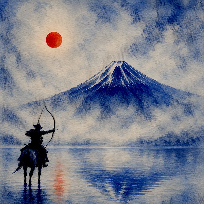 A traditional-style blue and white ink painting depicts a silhouetted figure on horseback with a bow, facing Mount Fuji across a body of water beneath a bright red sun.