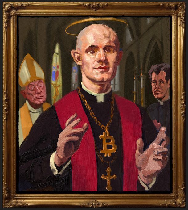 A classical-style oil painting portrait of a clergyman in red vestments wearing a gold chain with a Bitcoin 'B' symbol and a cross, with another bishop visible in the background.