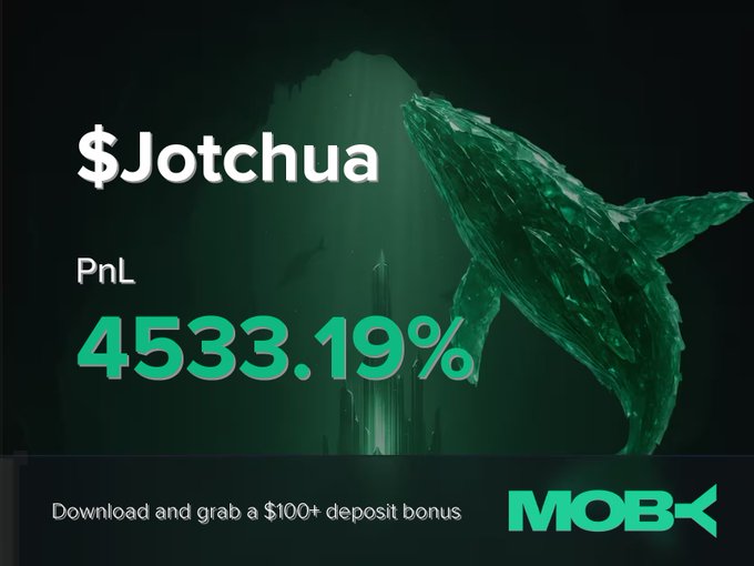 A promotional Moby Mobile ad displays "$Jotchua" with a PnL of 4533.19% in large green text, alongside a crystal whale graphic and a "$100+ deposit bonus" offer, celebrating the trader's exceptional gain highlighted in the win alert post.