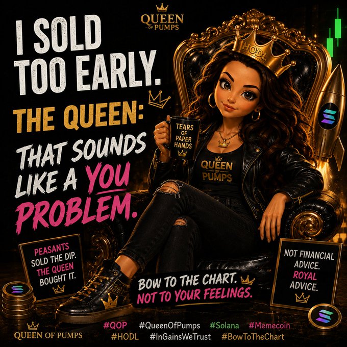 The image features a cartoon girl sitting in a chair, wearing a crown and holding a coffee cup with a message written on it that says "I sold too early. The queen; that sounds like a you problem." This text is accompanied by various other images related to the post, such as coins, a book, and a rocket ship. The overall theme of the image seems to be about the consequences of selling something too early or prematurely.