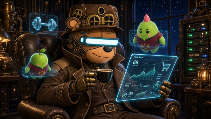 A steampunk-styled bear character wearing a VR headset and goggles sits in a leather armchair holding a coffee cup, surrounded by holographic displays showing a 'Code Quest' score of 68, a dumbbell icon, and green apple-like characters.