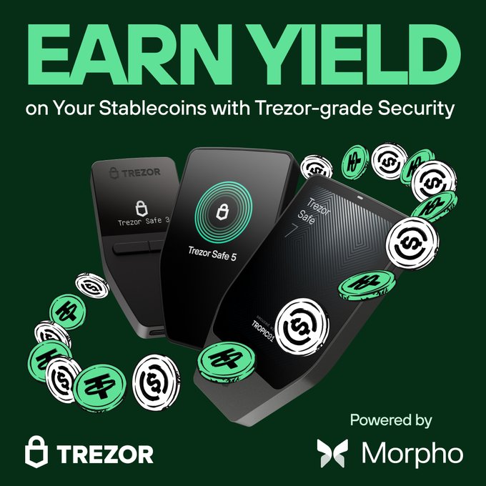 The image features three Trezor smartphones placed side by side against a green background. The phones are displaying an advertisement for earning yield, specifically related to USDC or tokens on Ethereum. The text on the image reads "Earn yield on USDC or tokens on Ethereum without leaving Trezor Suite. No dApps, no browser extensions, no new accounts." This suggests that users can earn a portion of their cryptocurrency holdings from the Trezor suite itself, rather than through traditional means like mining or exchanging for other cryptocurrencies. The image also includes logos and text promoting the Trezor suite and its features.
