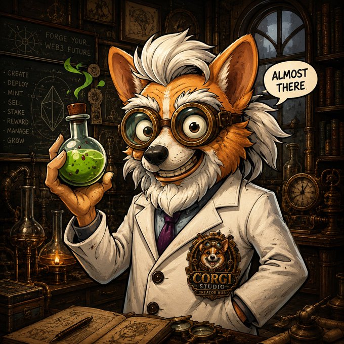 A cartoon illustration of a fox scientist in a lab coat and goggles holding a green flask, with a speech bubble saying "ALMOST THERE," a "CORGI STUDIO" badge, and a chalkboard reading "FORGE YOUR WEB3 FUTURE" listing Create, Deploy, Mint, Sell, Stake, Reward, Manage, Grow.