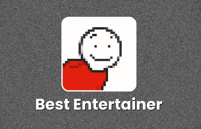 A pixelated graphic shows a white smiley face character wearing a red shirt inside a rounded square icon, with the text "Best Entertainer" displayed below in white lettering against a gray textured background. The image serves as a playful endorsement graphic for Twitter user @DrollBySam, positioning them as the "Best Entertainer" on the platform in a humorous, retro-style visual.