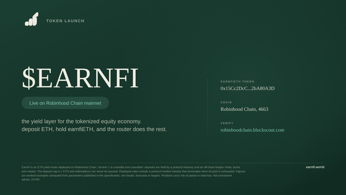 A dark green promotional webpage for '$EARNFI' displays 'TOKEN LAUNCH', 'Live on Robinhood Chain mainnet', and contract address '0x15C2DC...2bA80A3D' on 'Robinhood Chain, 4663'.