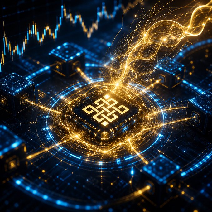 A futuristic digital artwork depicting a glowing golden central processor/chip surrounded by blue circuit nodes and floating trading candlestick charts in the background.