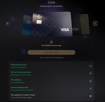 Screenshot of the Luxe metal Visa card selection page advertising a metal physical card with 10% AI food perks, 3% cashback, airport lounge access, and 5% cashback on hotels/travel, valued over $5,600.
