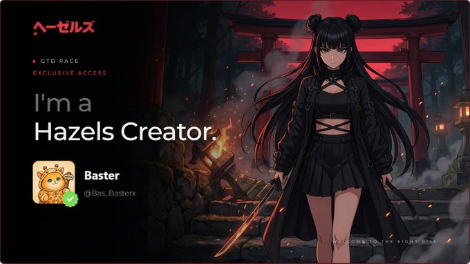 A Hazels Creator profile for 'Baster' (@Bas_Basterx) with GTD Race exclusive access, featuring anime-style artwork of a dark-haired female character in front of a Japanese torii gate.