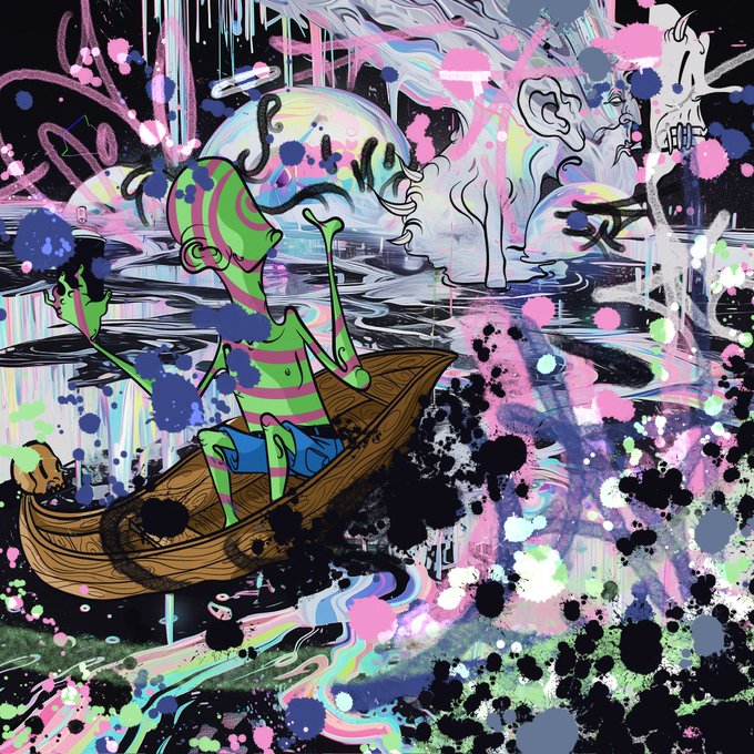 A colorful abstract painting depicts a green striped figure in a boat amid swirling pink, blue, black, and white paint splashes.
