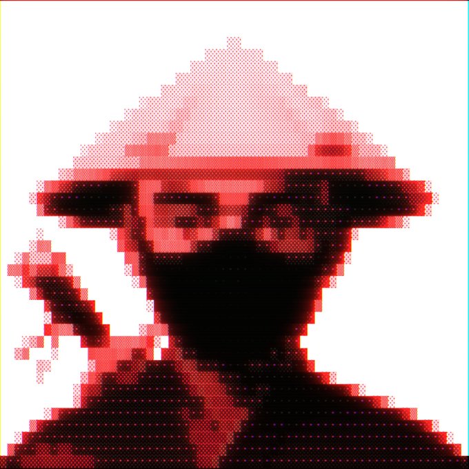 A pixelated, red-tinted stylized portrait of a figure wearing a wide-brimmed hat and dark glasses, holding what appears to be a cigarette.