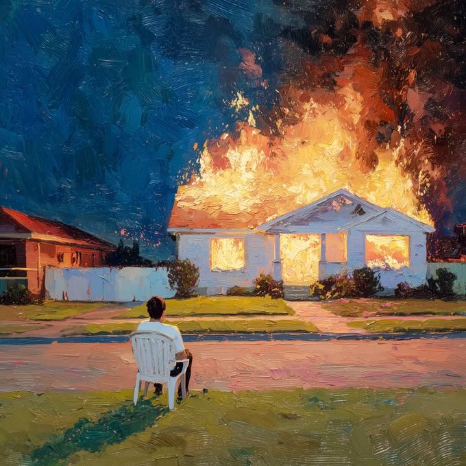 A painted artwork depicting a person sitting in a white chair on a lawn, watching their house burn down in dramatic flames against a dark blue sky.