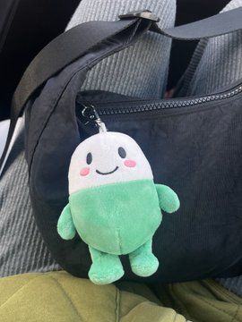 Close-up photo of a cute plush keychain charm (white and green character with a smiling face) attached to a black bag on a car seat.