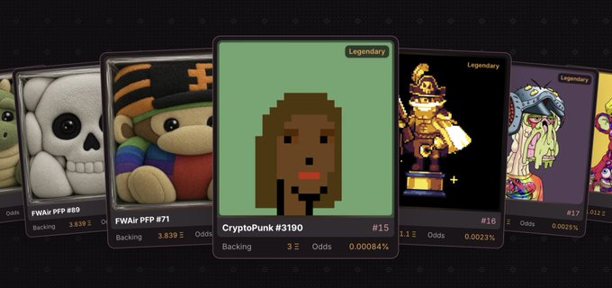 A digital collectible marketplace display featuring NFT cards including "CryptoPunk #3190" (#15), a panda FWAIR PFP (#69), and other legendary NFT characters with backing amounts and odds displayed.