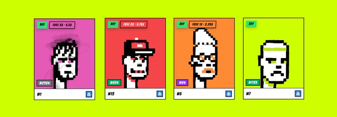 Four colorful pixel-art NFT character cards with prices ranging from 0.65Ξ to 9Ξ (RARE, EXOTIC, EPIC, and COMMON) are displayed against a green background, representing the Broker Punks collection on OpenSea, with only 25 more sales needed to return to the 0.01Ξ floor price.